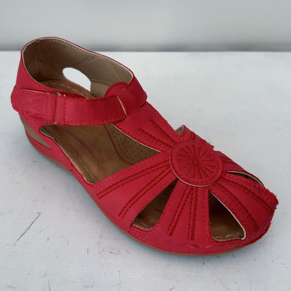 Lostisy Red Wedge Sandals Womens 38 Sunburst Cutout Comfort Walking Shoe